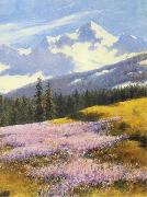Stanislaw Witkiewicz Crocuses with snowy mountains in the background painting